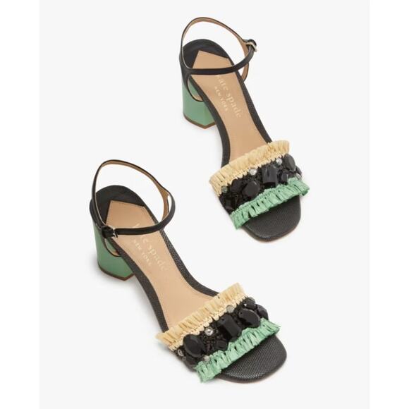 kate spade Shoes - Kate Spade Bora Bora Heel Black Natural Mint Crochet Raffia Size 5 NIB Vacation